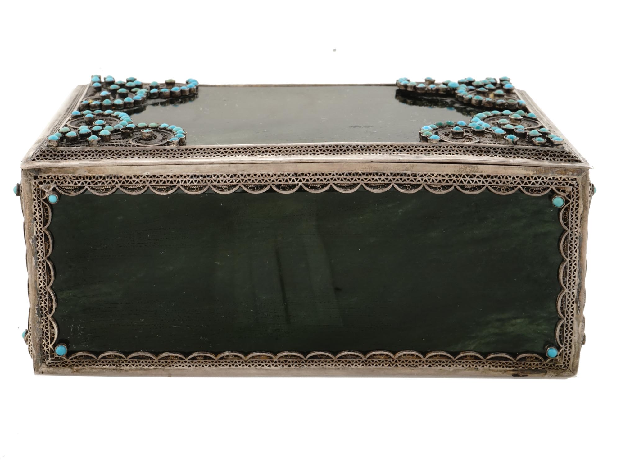 TURQUOISE STONES SILVER AND NEPHRITE TRINKET BOX PIC-1